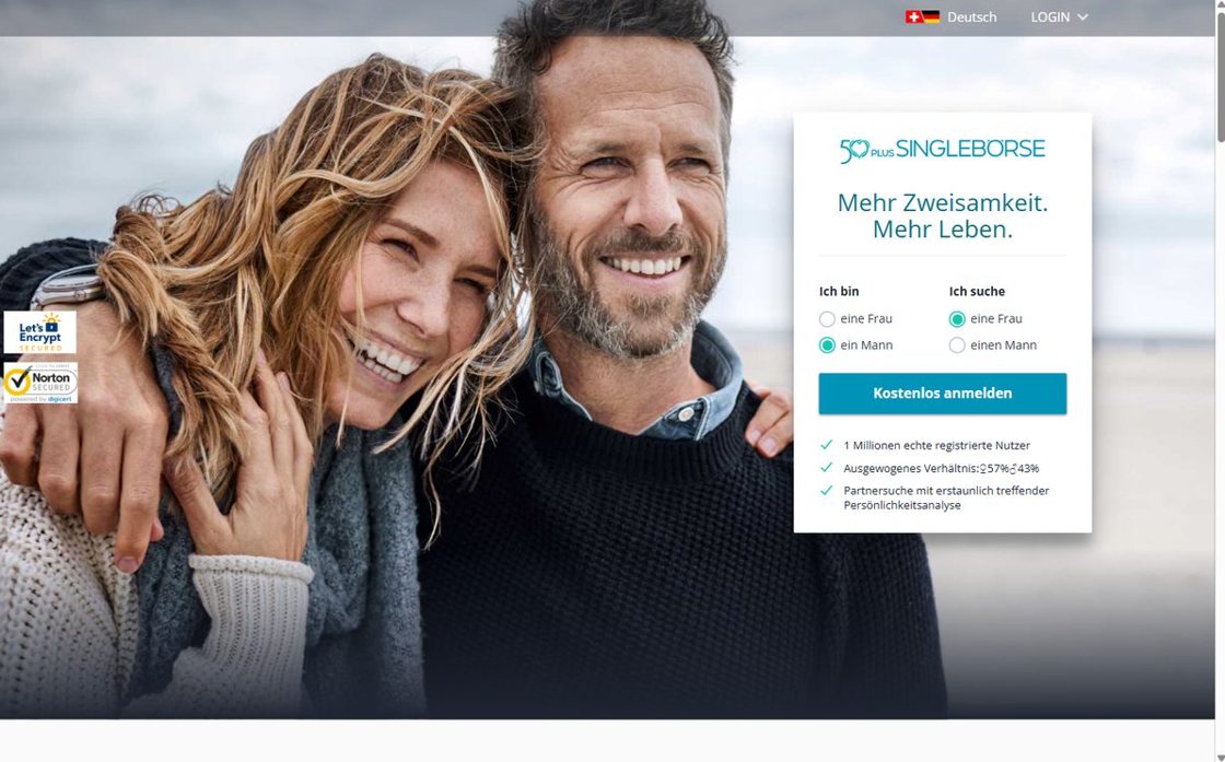 50plus Singlebörse Startseite mit dem Formular Kostenlos anmelden