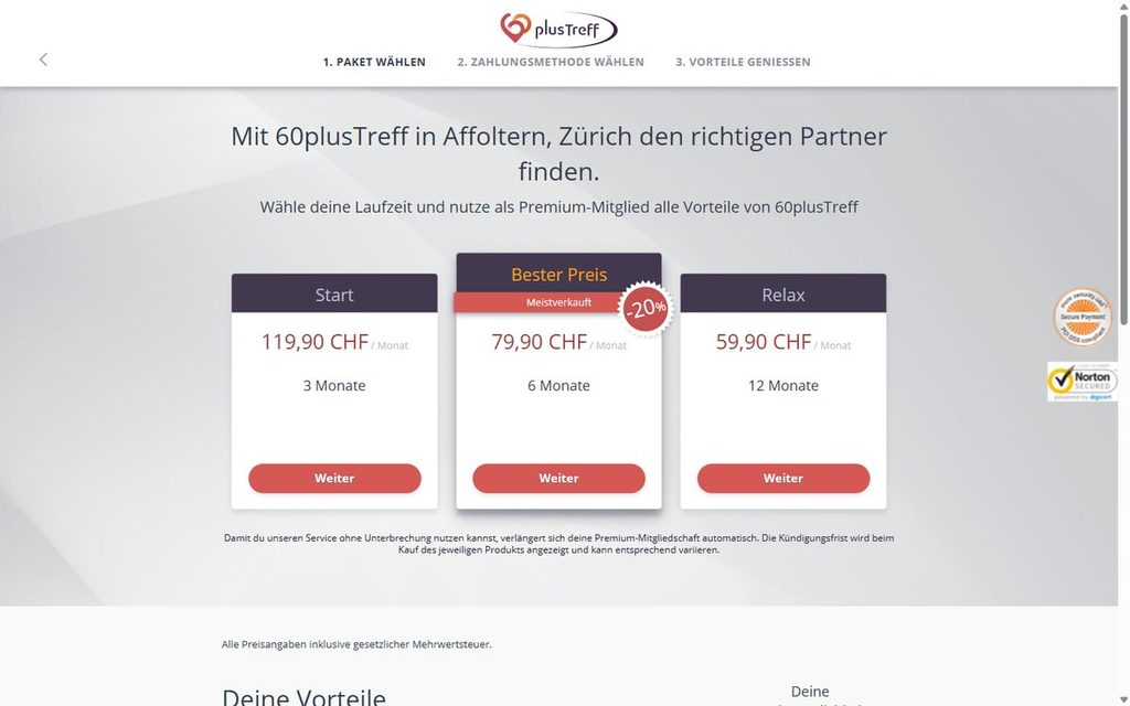 60plusTreff Premium Preise in CHF: 3, 6 und 12 Monate
