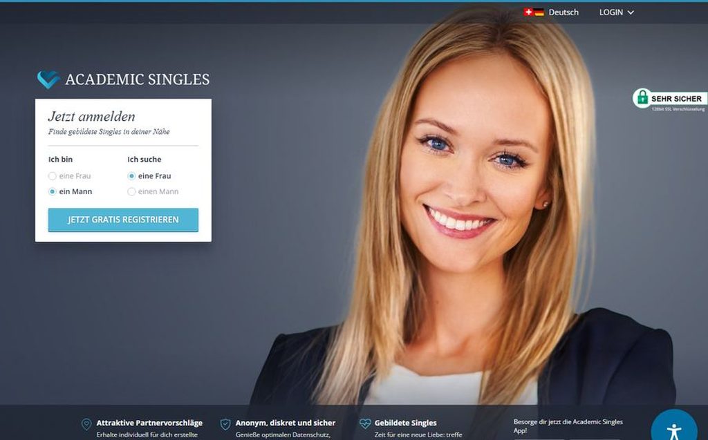 Academic Singles Startseite mit Gratis-Registrierung und Login oben rechts