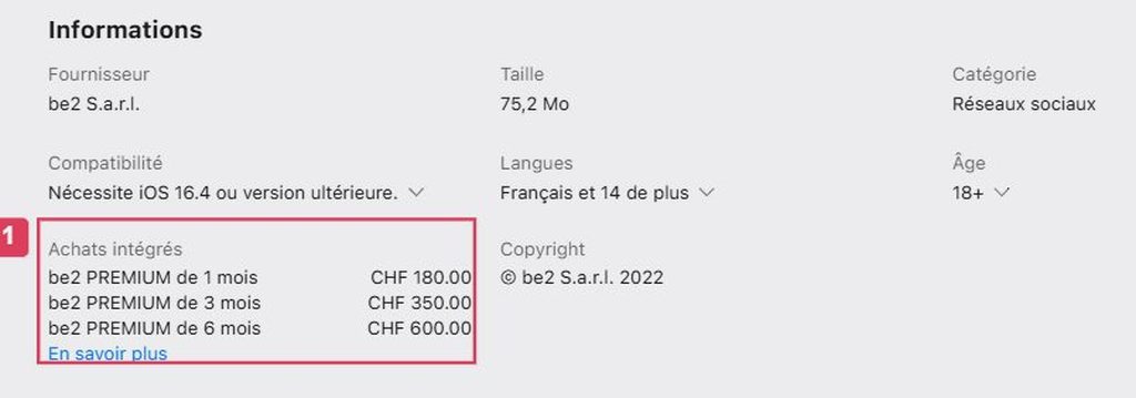 Achats intégrés de be2 sur l'App Store suisse