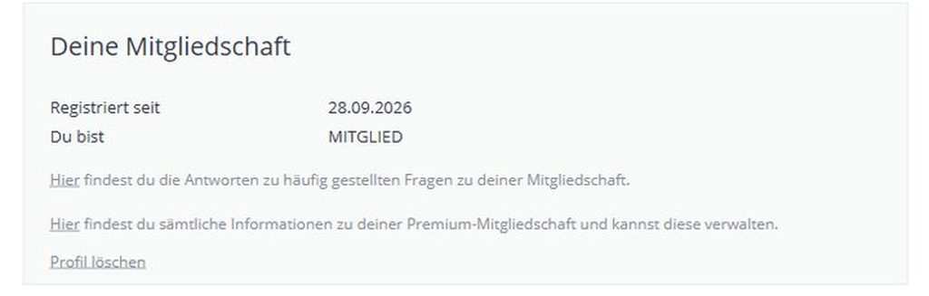be2 Einstellungen: Bereich Deine Mitgliedschaft mit Link zur Verwaltung von Premium und Profil löschen