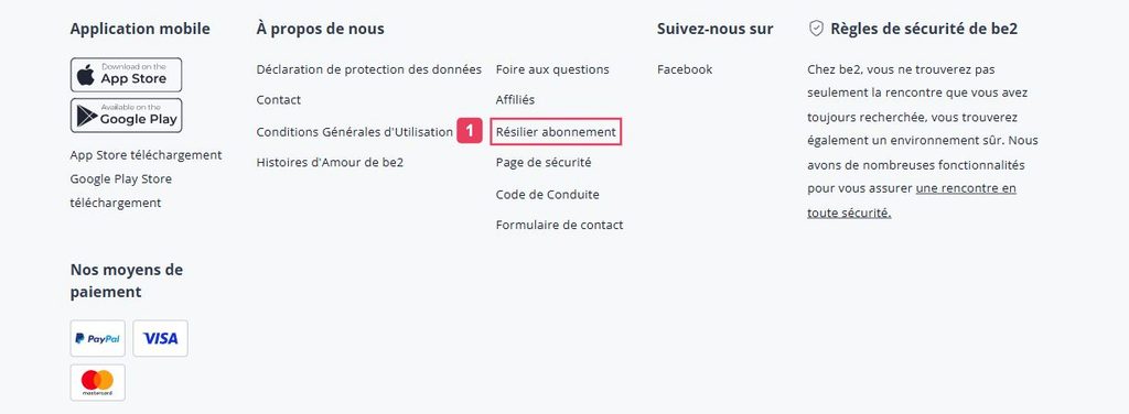 Lien Résilier abonnement dans le pied de page de be2