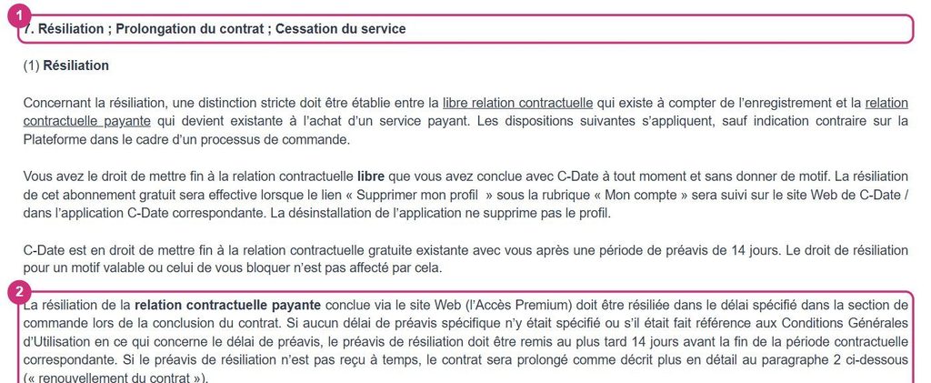 Article 7 des conditions générales de C-Date : préavis de 14 jours avant la fin de la période