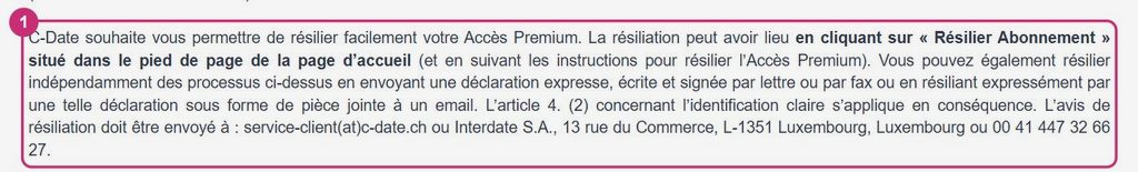 Extrait des conditions générales de C-Date sur les moyens de résiliation