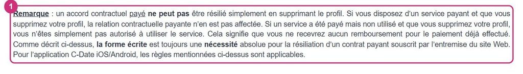Remarque des CGU de C-Date : supprimer le profil ne résilie pas un contrat payant