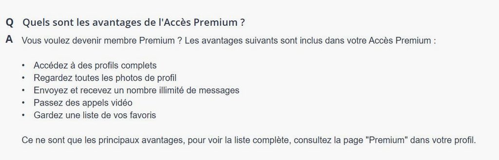 Liste des avantages de l'Accès Premium dans la FAQ de C-Date
