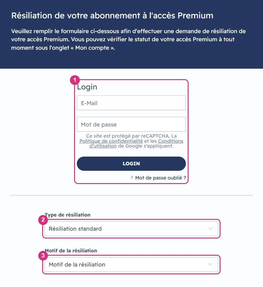 Formulaire en ligne de résiliation de l'Accès Premium C-Date