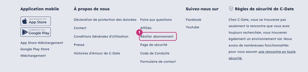 Lien Résilier abonnement dans le pied de page de C-Date