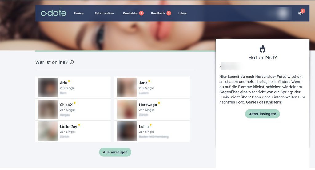 C-Date Mitgliederbereich mit Wer ist online und Hot or Not