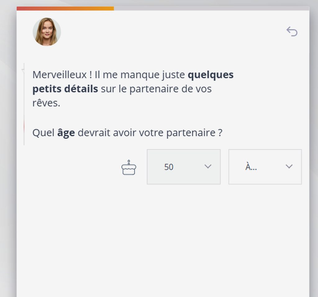 Assistante virtuelle du réseau be2 demandant l'âge souhaité du partenaire