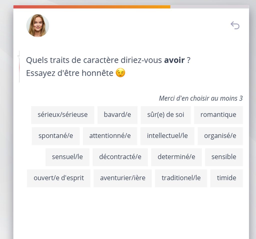 Choix des traits de caractère pendant le test de personnalité