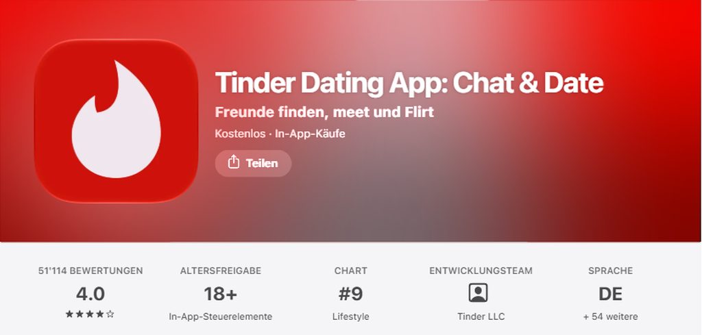 Tinder im Schweizer App Store mit Bewertung und Chart-Platz