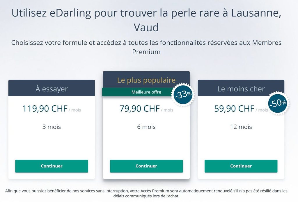 Formules Premium d'eDarling pour Lausanne avec la mention du renouvellement automatique