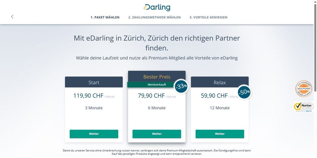 eDarling Bestellstrecke mit den Paketen Start, Bester Preis und Relax in CHF