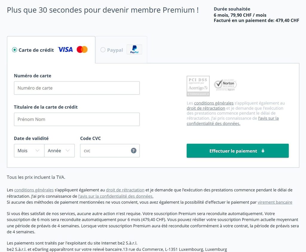 Page de paiement eDarling : 6 mois à CHF 79.90 par mois, total CHF 479.40, préavis de 4 semaines