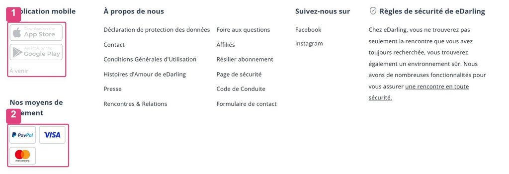 Lien Résilier abonnement dans le pied de page d'eDarling, avec les moyens de paiement