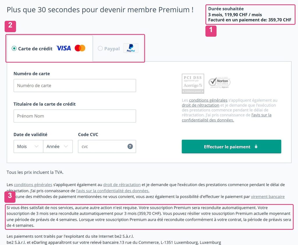 Page de paiement eDarling pour 3 mois : CHF 359.70 facturés en un paiement, préavis de 4 semaines