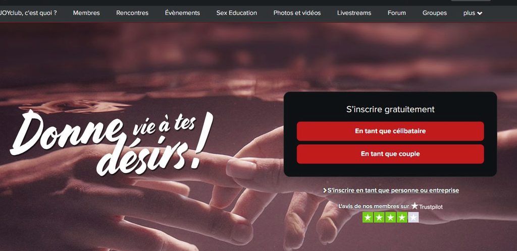 Page d'accueil de JOYclub en français avec inscription célibataire ou couple
