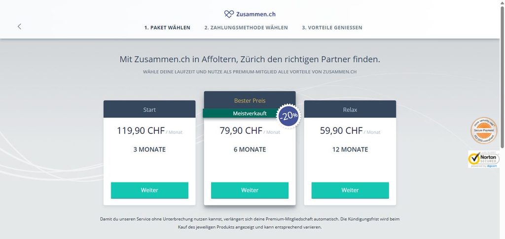 Zusammen.ch Preise in der Bestellstrecke: 3, 6 und 12 Monate in CHF