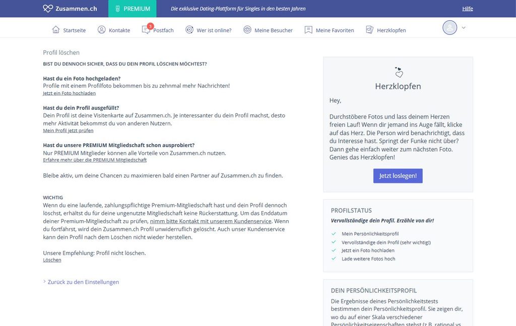 Zusammen.ch Profil löschen mit Hinweis zur Premium-Mitgliedschaft